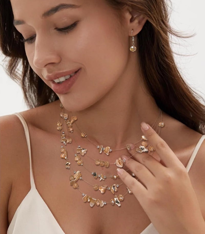 Errally Store Multi-Layer Boho Shell Beaded Necklace for Women Colorful Crystal Strand with Silver Beads Statement Collars Necklace and Earrings Costumes Jewelry Sets for Women - Image 3